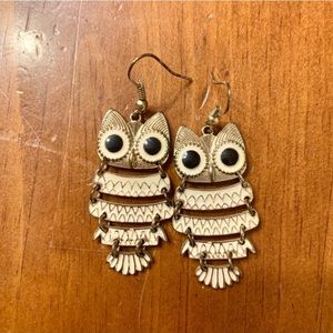 Gold and White Owl Dangle Earrings